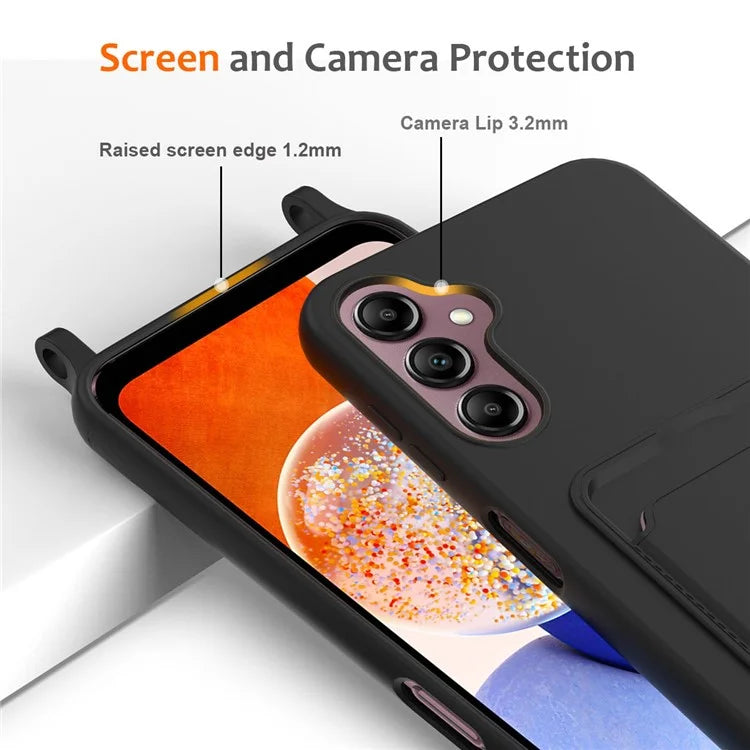 For Samsung Galaxy A14 4G / 5G Case Card Holder Liquid Silicone Phone Cover with Lanyard
