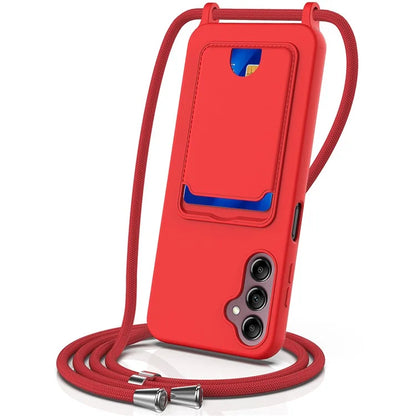 For Samsung Galaxy A14 4G / 5G Case Card Holder Liquid Silicone Phone Cover with Lanyard