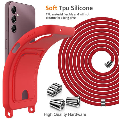 For Samsung Galaxy A14 4G / 5G Case Card Holder Liquid Silicone Phone Cover with Lanyard