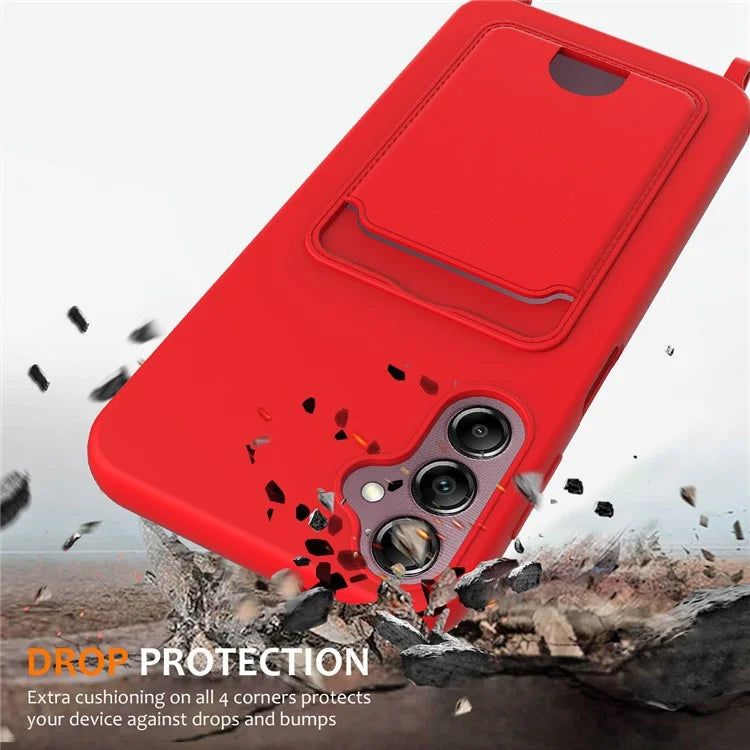 For Samsung Galaxy A14 4G / 5G Case Card Holder Liquid Silicone Phone Cover with Lanyard