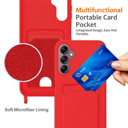 For Samsung Galaxy A14 4G / 5G Case Card Holder Liquid Silicone Phone Cover with Lanyard