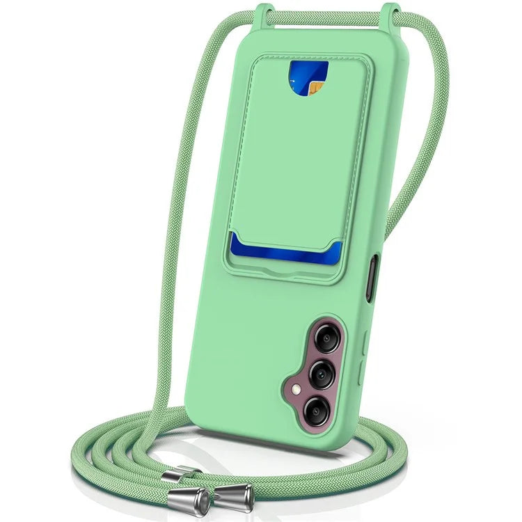 For Samsung Galaxy A14 4G / 5G Case Card Holder Liquid Silicone Phone Cover with Lanyard