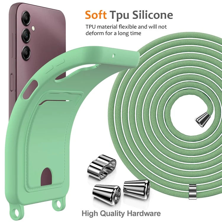 For Samsung Galaxy A14 4G / 5G Case Card Holder Liquid Silicone Phone Cover with Lanyard