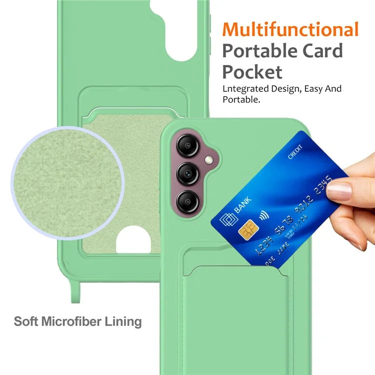 For Samsung Galaxy A14 4G / 5G Case Card Holder Liquid Silicone Phone Cover with Lanyard