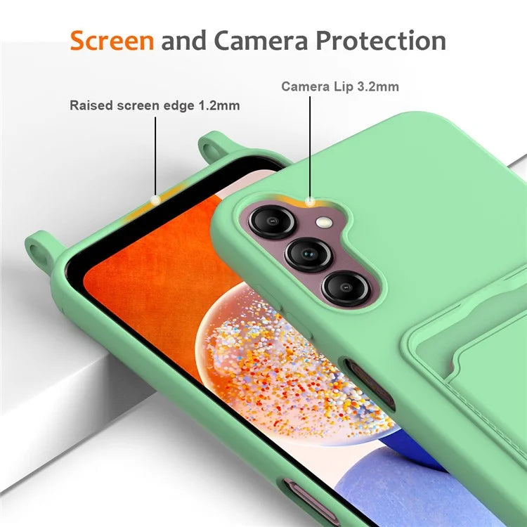 For Samsung Galaxy A14 4G / 5G Case Card Holder Liquid Silicone Phone Cover with Lanyard