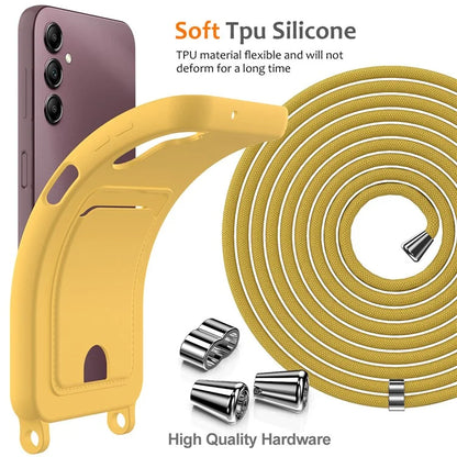 For Samsung Galaxy A14 4G / 5G Case Card Holder Liquid Silicone Phone Cover with Lanyard