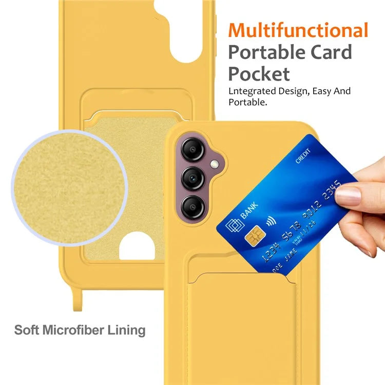 For Samsung Galaxy A14 4G / 5G Case Card Holder Liquid Silicone Phone Cover with Lanyard