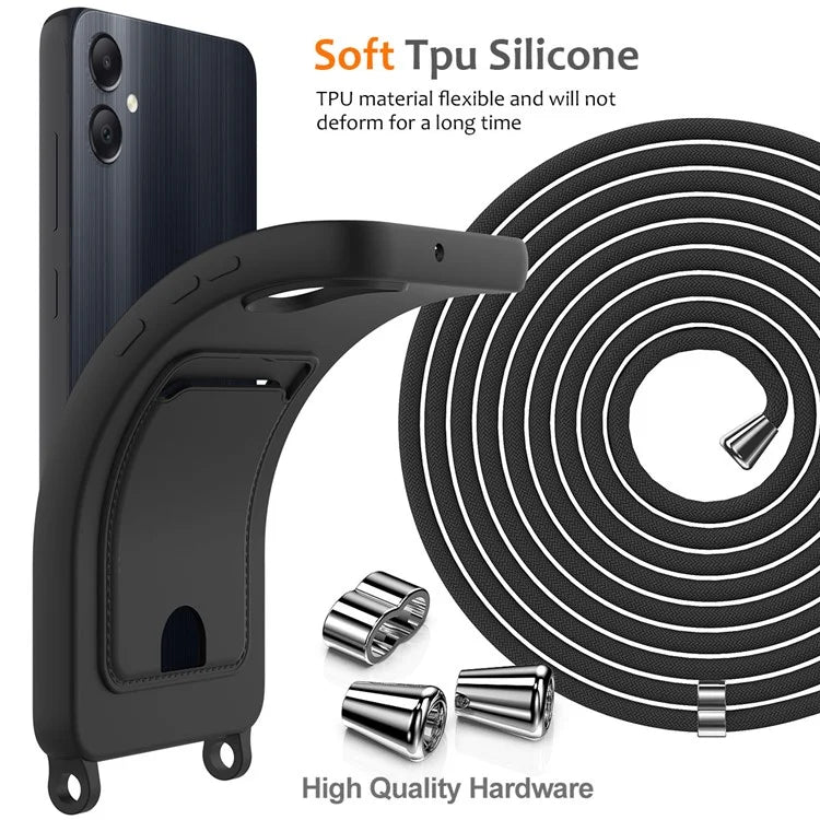 For Samsung Galaxy A05 4G Case Liquid Silicone Phone Cover with Card Slot, Long Strap