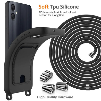For Samsung Galaxy A05 4G Case Liquid Silicone Phone Cover with Card Slot, Long Strap