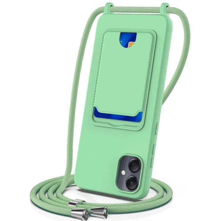 For Samsung Galaxy A05 4G Case Liquid Silicone Phone Cover with Card Slot, Long Strap