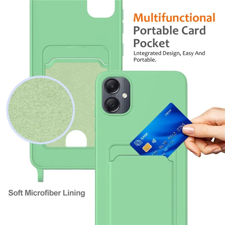 For Samsung Galaxy A05 4G Case Liquid Silicone Phone Cover with Card Slot, Long Strap