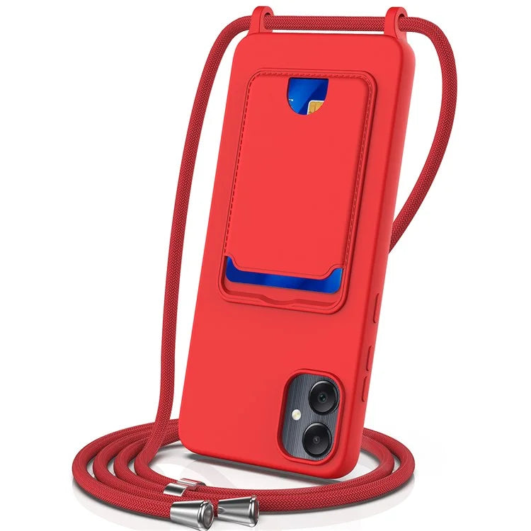 For Samsung Galaxy A05 4G Case Liquid Silicone Phone Cover with Card Slot, Long Strap
