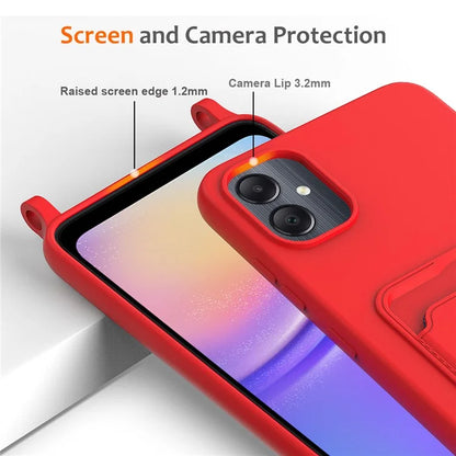 For Samsung Galaxy A05 4G Case Liquid Silicone Phone Cover with Card Slot, Long Strap