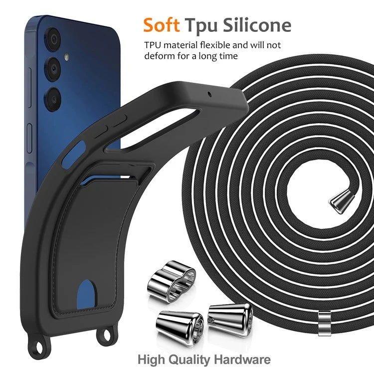 For Samsung Galaxy A05s 4G Case Card Slot Liquid Silicone Phone Cover with Lanyard