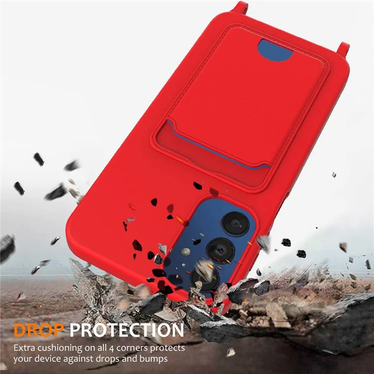 For Samsung Galaxy A05s 4G Case Card Slot Liquid Silicone Phone Cover with Lanyard