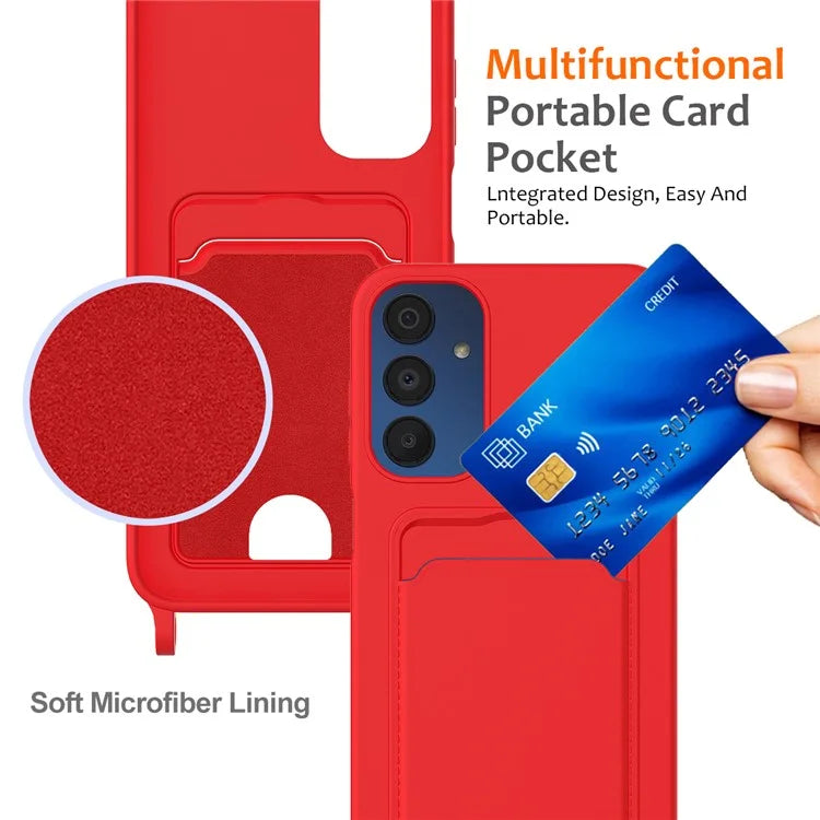 For Samsung Galaxy A05s 4G Case Card Slot Liquid Silicone Phone Cover with Lanyard