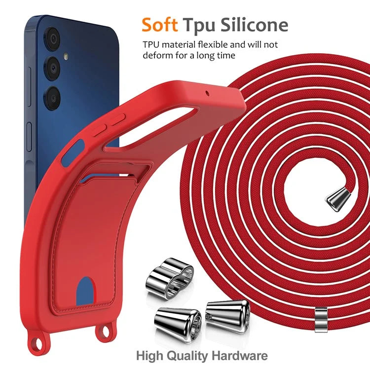 For Samsung Galaxy A05s 4G Case Card Slot Liquid Silicone Phone Cover with Lanyard