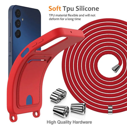 For Samsung Galaxy A05s 4G Case Card Slot Liquid Silicone Phone Cover with Lanyard