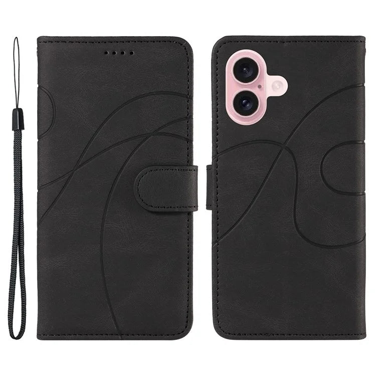 For iPhone 16 Case Flip PU Leather Phone Cover with Curved Line