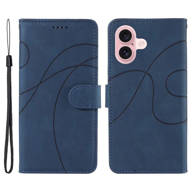 For iPhone 16 Case Flip PU Leather Phone Cover with Curved Line