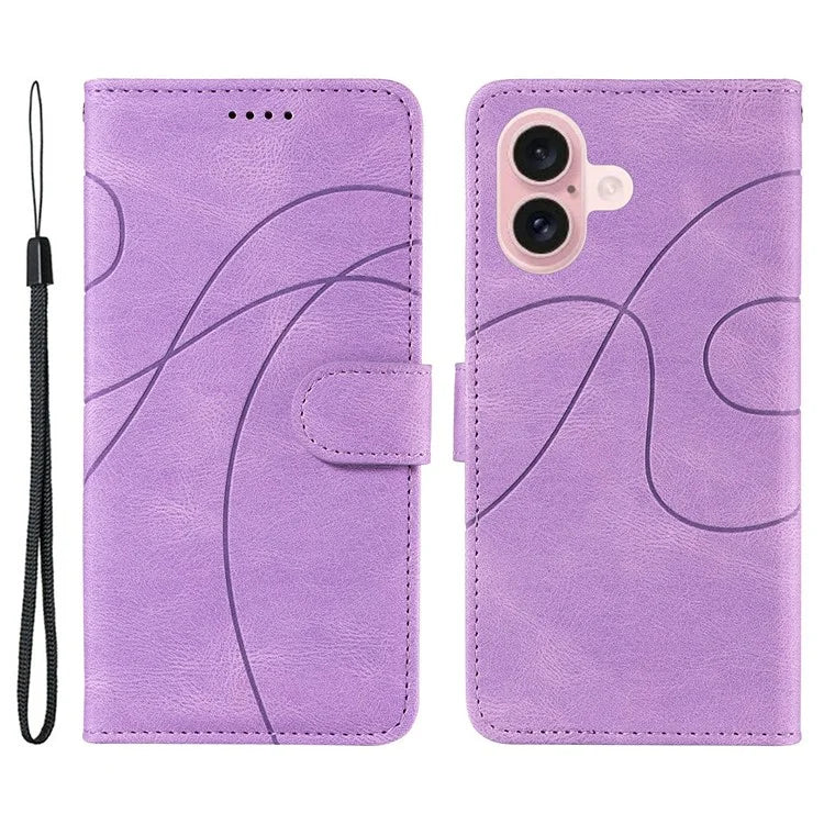 For iPhone 16 Case Flip PU Leather Phone Cover with Curved Line