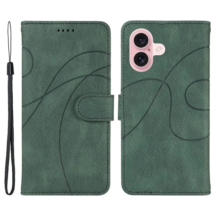 For iPhone 16 Case Flip PU Leather Phone Cover with Curved Line