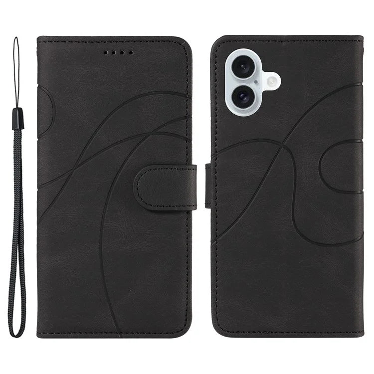 For iPhone 16 Plus Case Curved Line Imprint Leather Wallet Stand Phone Cover