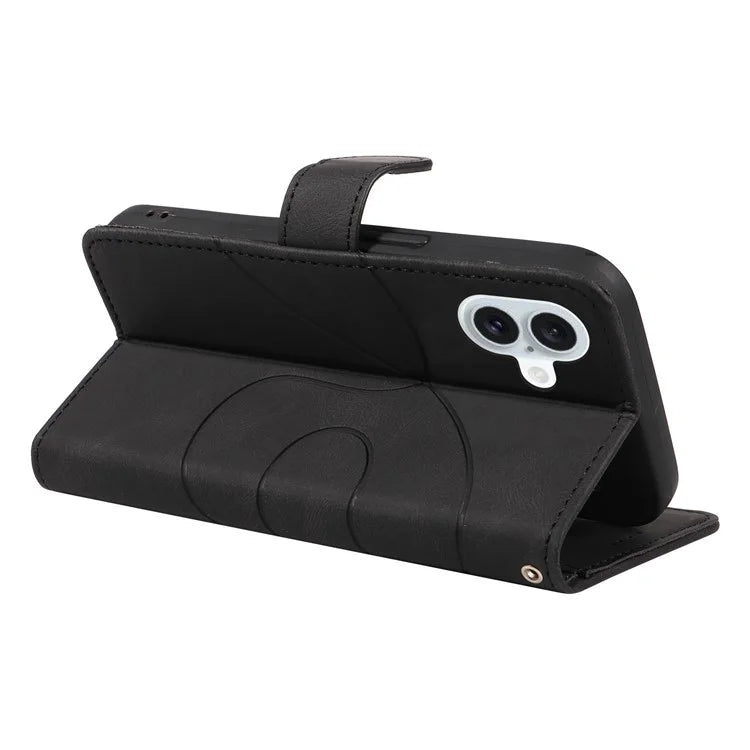 For iPhone 16 Plus Case Curved Line Imprint Leather Wallet Stand Phone Cover