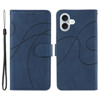 For iPhone 16 Plus Case Curved Line Imprint Leather Wallet Stand Phone Cover