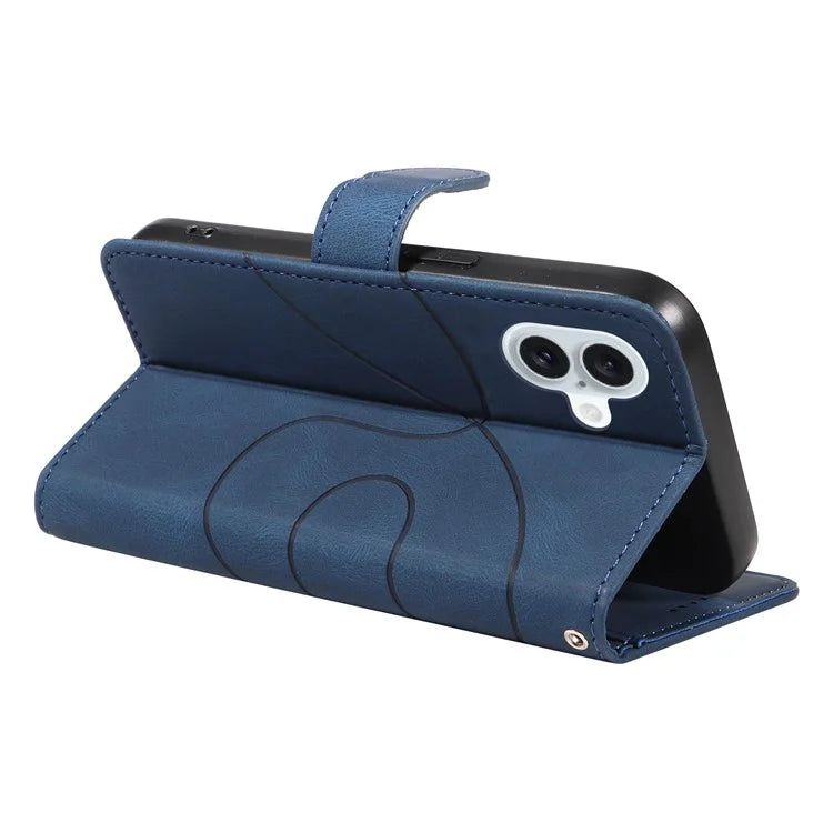For iPhone 16 Plus Case Curved Line Imprint Leather Wallet Stand Phone Cover