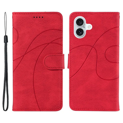 For iPhone 16 Plus Case Curved Line Imprint Leather Wallet Stand Phone Cover