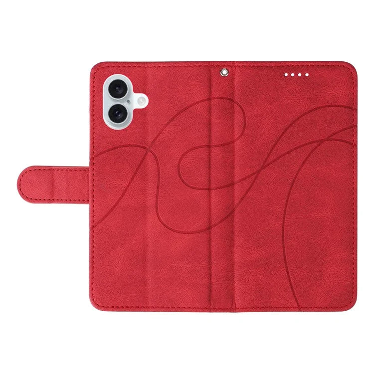 For iPhone 16 Plus Case Curved Line Imprint Leather Wallet Stand Phone Cover