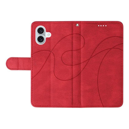 For iPhone 16 Plus Case Curved Line Imprint Leather Wallet Stand Phone Cover
