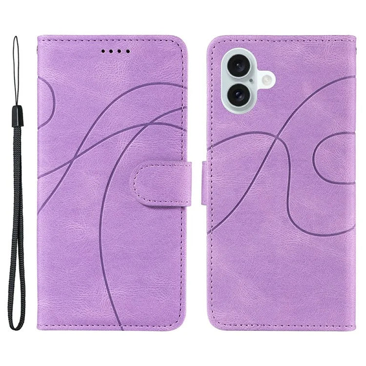 For iPhone 16 Plus Case Curved Line Imprint Leather Wallet Stand Phone Cover