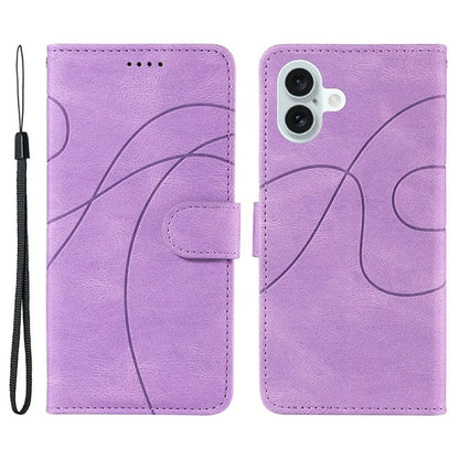 For iPhone 16 Plus Case Curved Line Imprint Leather Wallet Stand Phone Cover