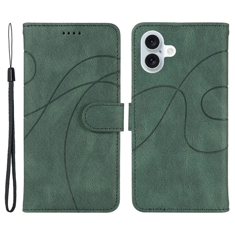 For iPhone 16 Plus Case Curved Line Imprint Leather Wallet Stand Phone Cover