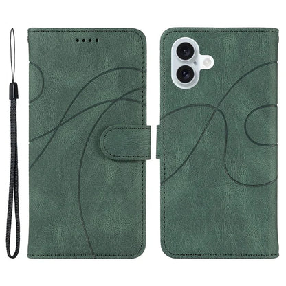 For iPhone 16 Plus Case Curved Line Imprint Leather Wallet Stand Phone Cover