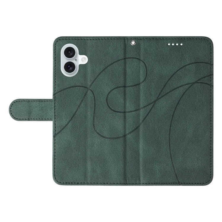 For iPhone 16 Plus Case Curved Line Imprint Leather Wallet Stand Phone Cover