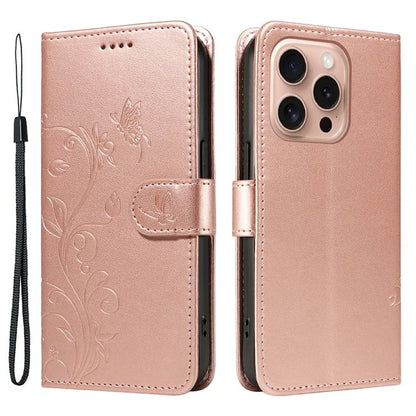 For iPhone 16 Pro Case PU Leather Flip Phone Cover Imprint Butterfly Flower
