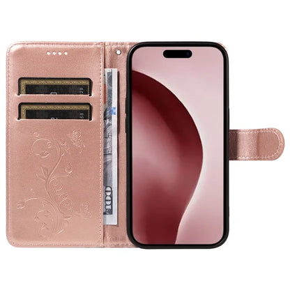 For iPhone 16 Pro Case PU Leather Flip Phone Cover Imprint Butterfly Flower