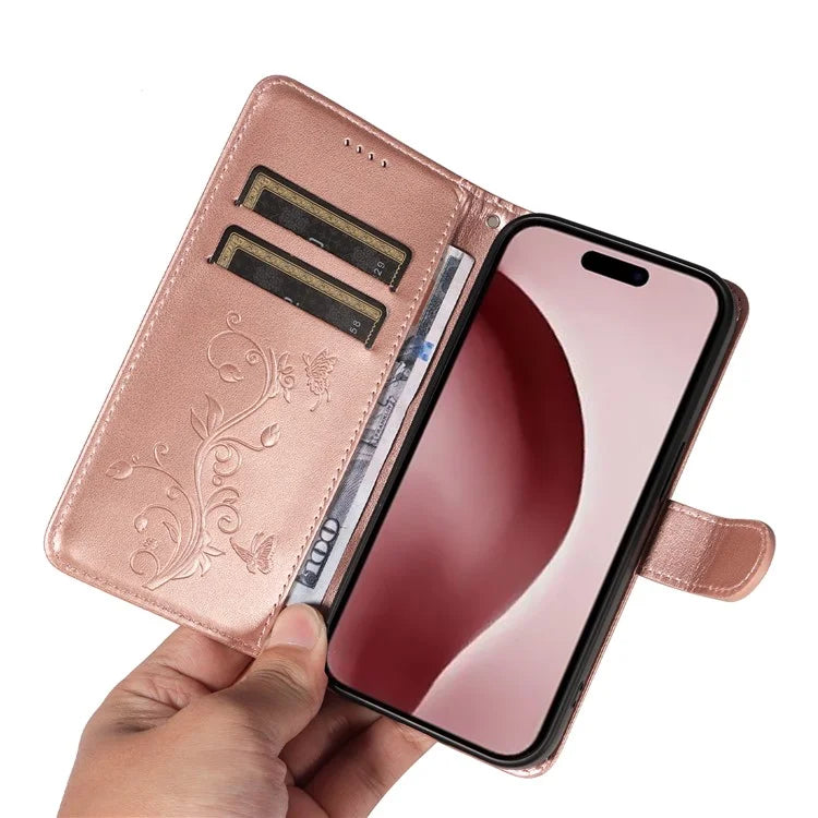 For iPhone 16 Pro Case PU Leather Flip Phone Cover Imprint Butterfly Flower