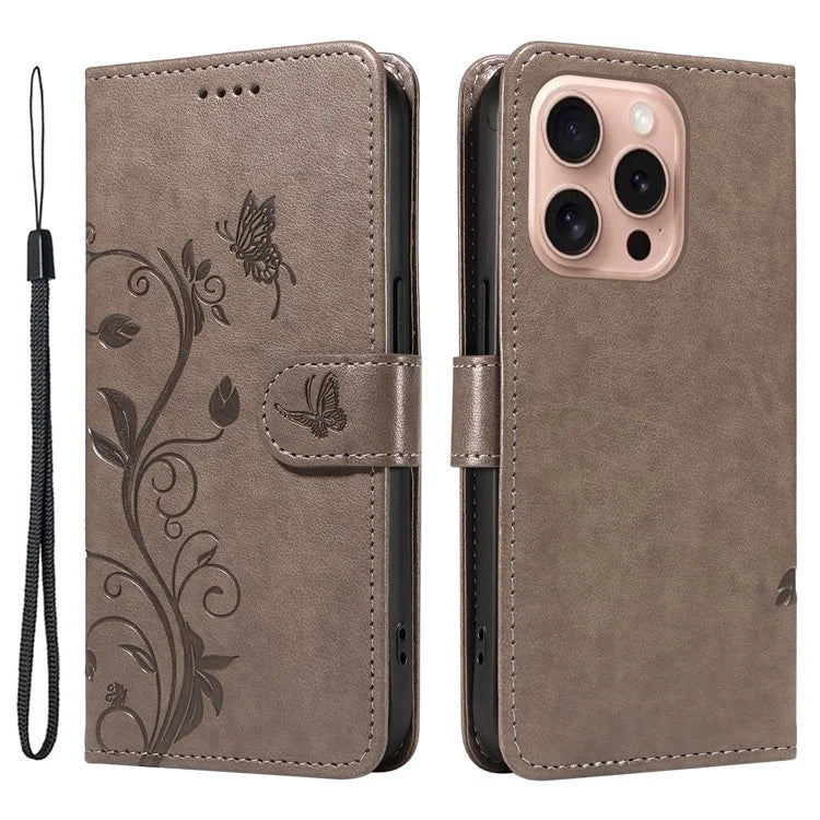 For iPhone 16 Pro Case PU Leather Flip Phone Cover Imprint Butterfly Flower