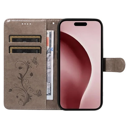 For iPhone 16 Pro Case PU Leather Flip Phone Cover Imprint Butterfly Flower