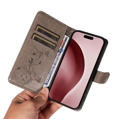 For iPhone 16 Pro Case PU Leather Flip Phone Cover Imprint Butterfly Flower