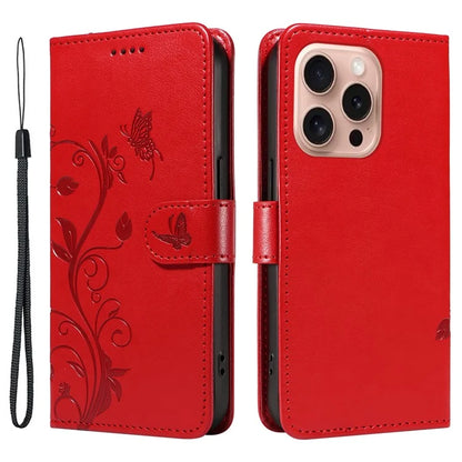 For iPhone 16 Pro Case PU Leather Flip Phone Cover Imprint Butterfly Flower