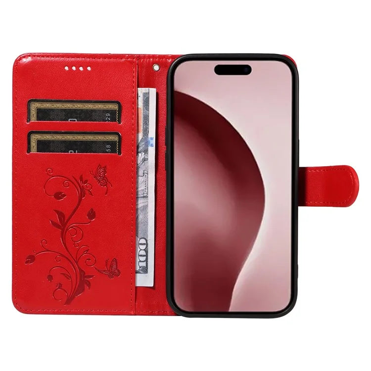 For iPhone 16 Pro Case PU Leather Flip Phone Cover Imprint Butterfly Flower