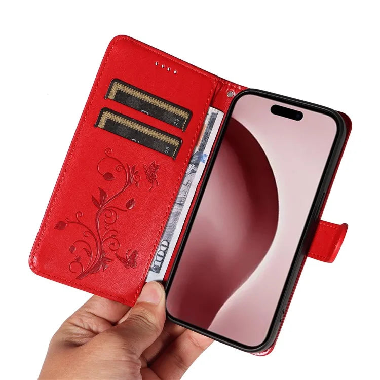For iPhone 16 Pro Case PU Leather Flip Phone Cover Imprint Butterfly Flower