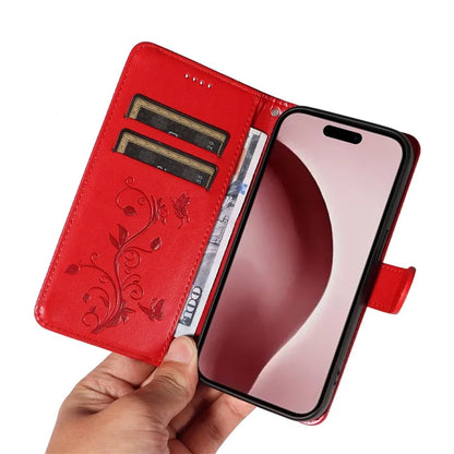 For iPhone 16 Pro Case PU Leather Flip Phone Cover Imprint Butterfly Flower