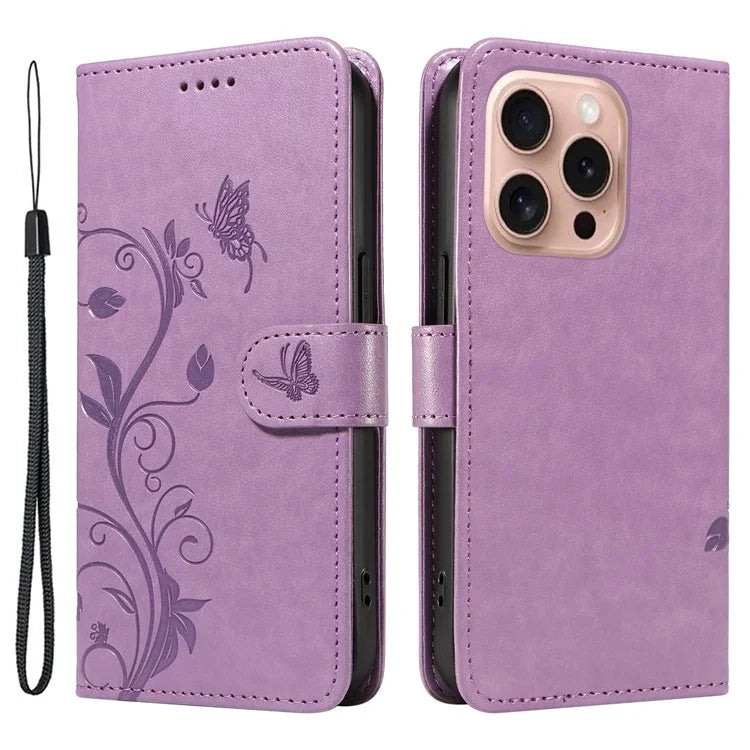 For iPhone 16 Pro Case PU Leather Flip Phone Cover Imprint Butterfly Flower