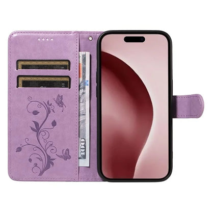 For iPhone 16 Pro Case PU Leather Flip Phone Cover Imprint Butterfly Flower